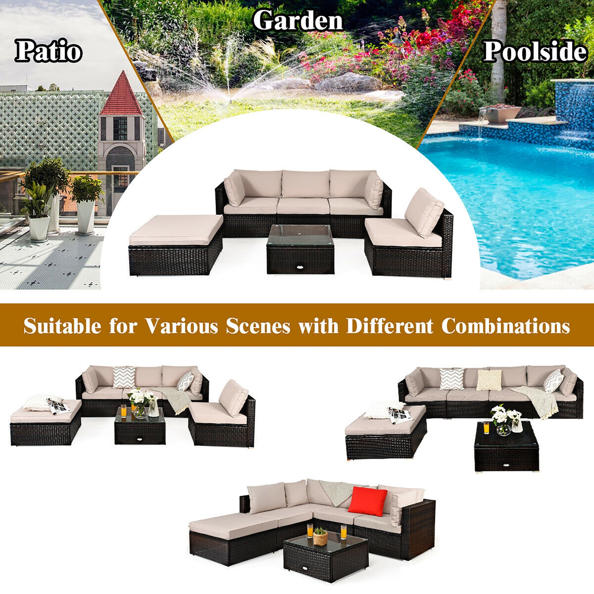 Costway 6PCS Outdoor Patio Rattan Furniture Set Cushioned Sectional Sofa Ottoman