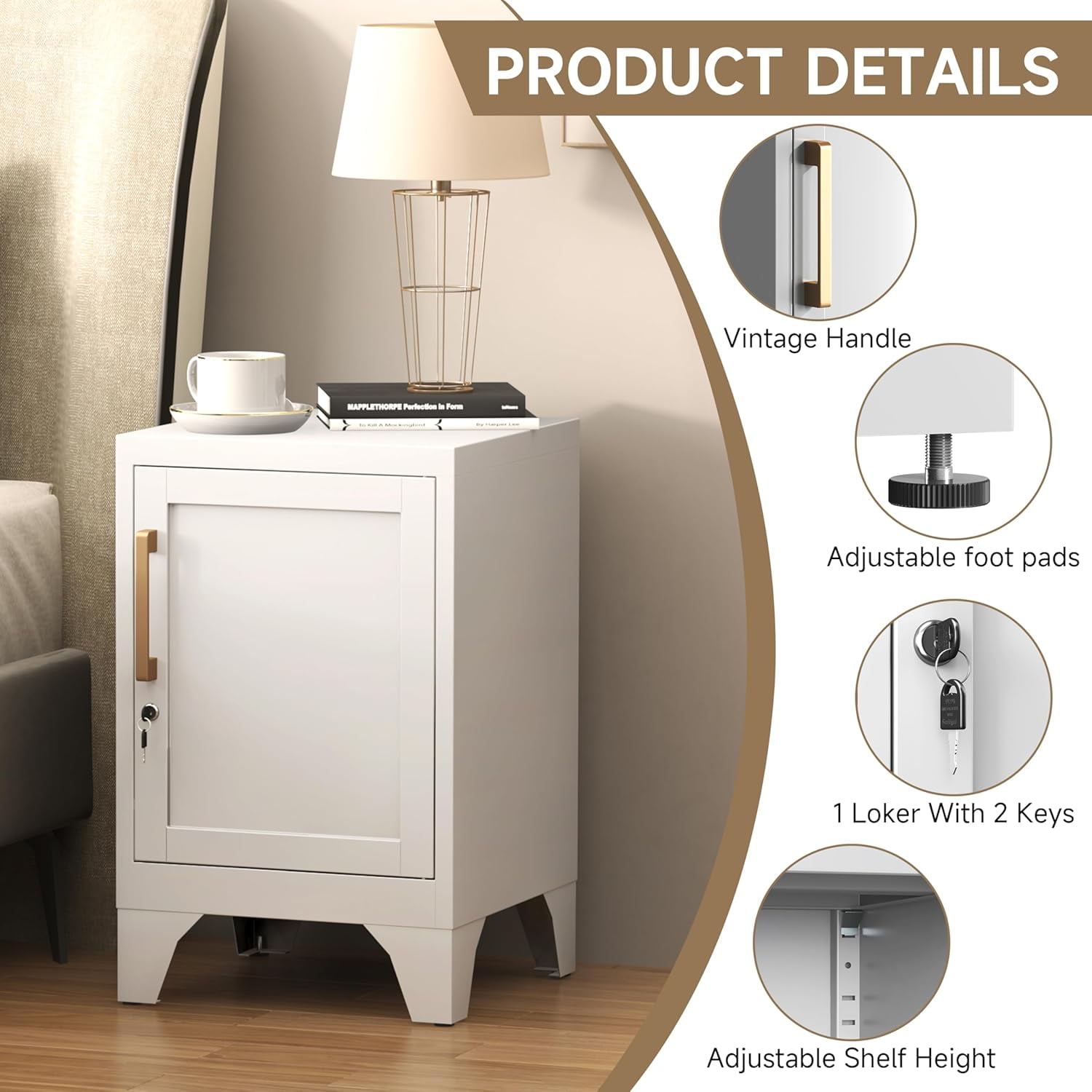 Kooyon Metal Storage Locker - 2-Shelf Shelves Removable Metal Lockers White Lockable Cabinet with Key, Heavy-Duty 50lb Capacity per Shelf for Home, Office, Bedroom,Garage (23.6”H)