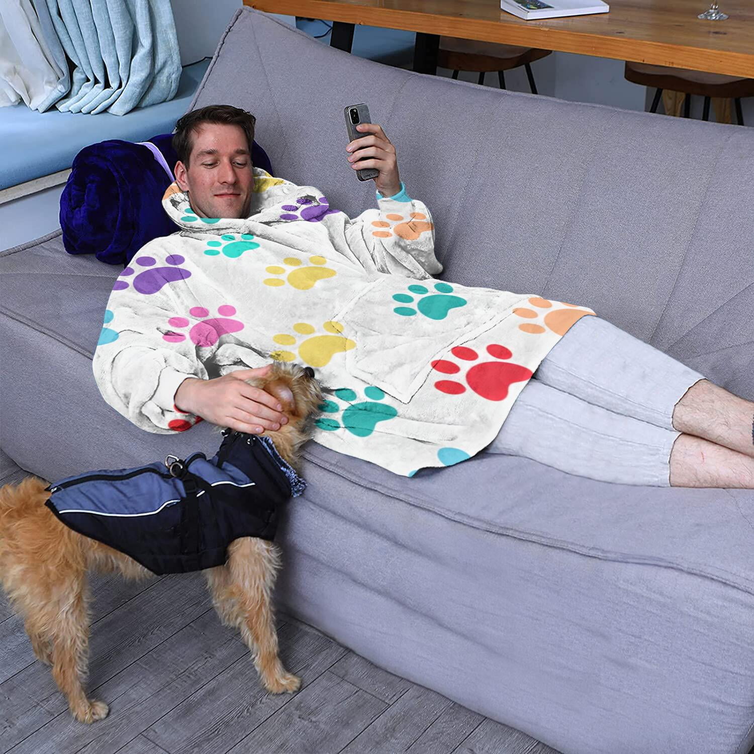 Colorful Dog Paw Footprint Wearable Oversized Blanket,Wearable Blanket Hoodie for Adults,Cozy Hooded Blankets with Super Pockets,Super Warm Fuzzy Pullover for Women & Men