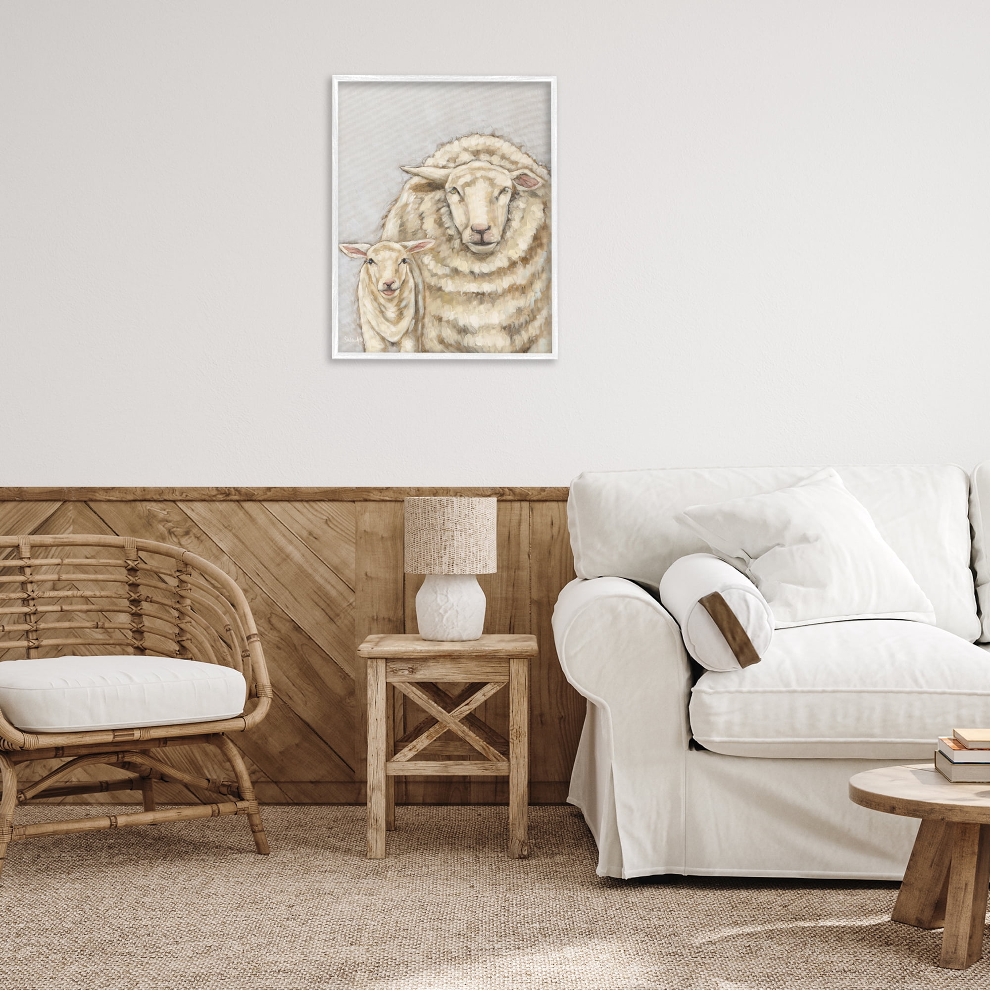 Stupell Industries Neutral Sheep & Lamb Animals & Insects Painting White Framed Art Print Wall Art, 24 x 30
