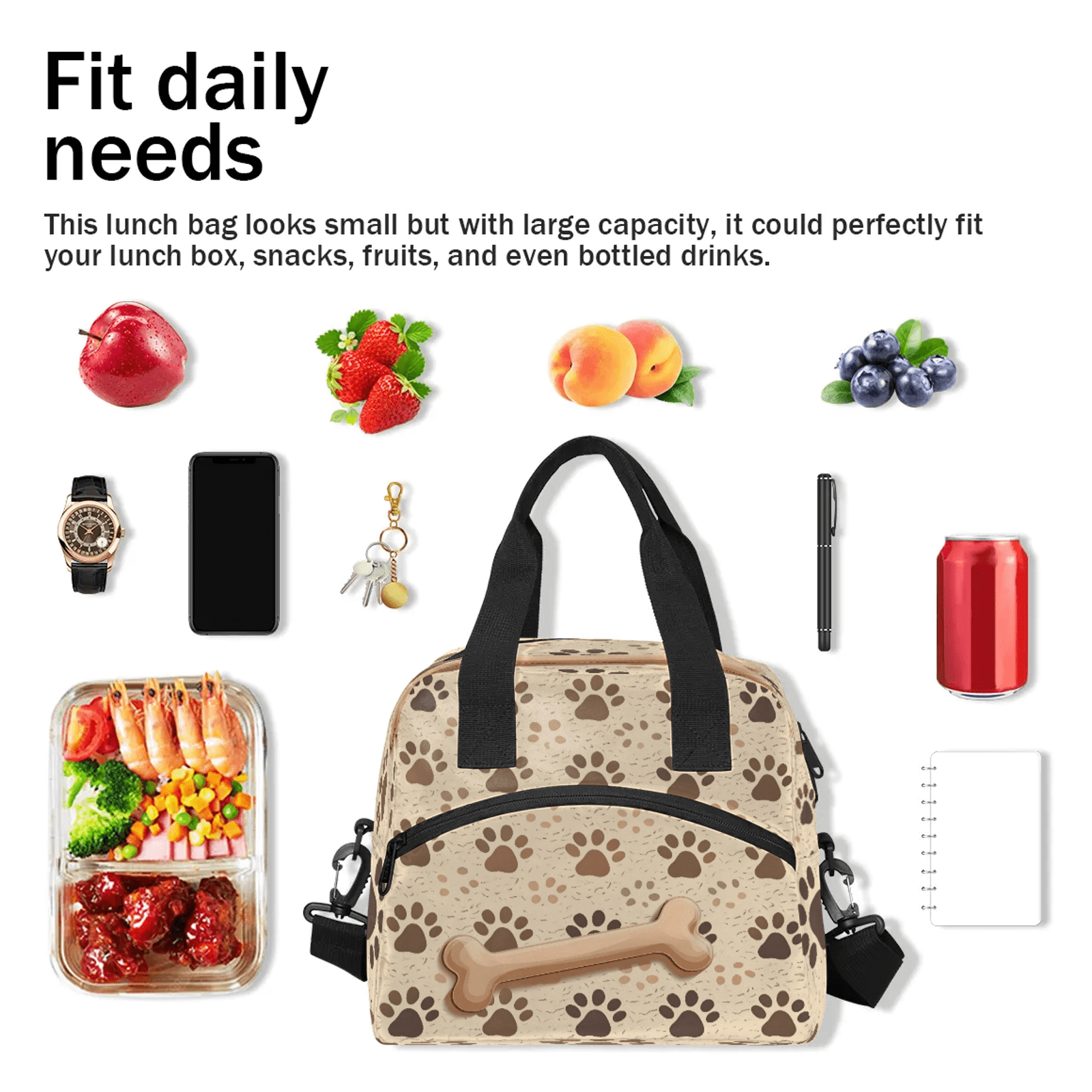 Herdesigns Dog Bones Paw Insulated Lunch Bag for Women Men Adult, Reusable Insulated Cooler Lunch Box Lunch Tote Bag for Work Picnic Beach