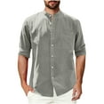 thumbnail image 2 of Men's Linen Shirt Long Sleeve Button Down Shirt Cotton Casual Shirt with Pocket Breathable Band Collar Shirt for Beach Vacation, 2 of 6