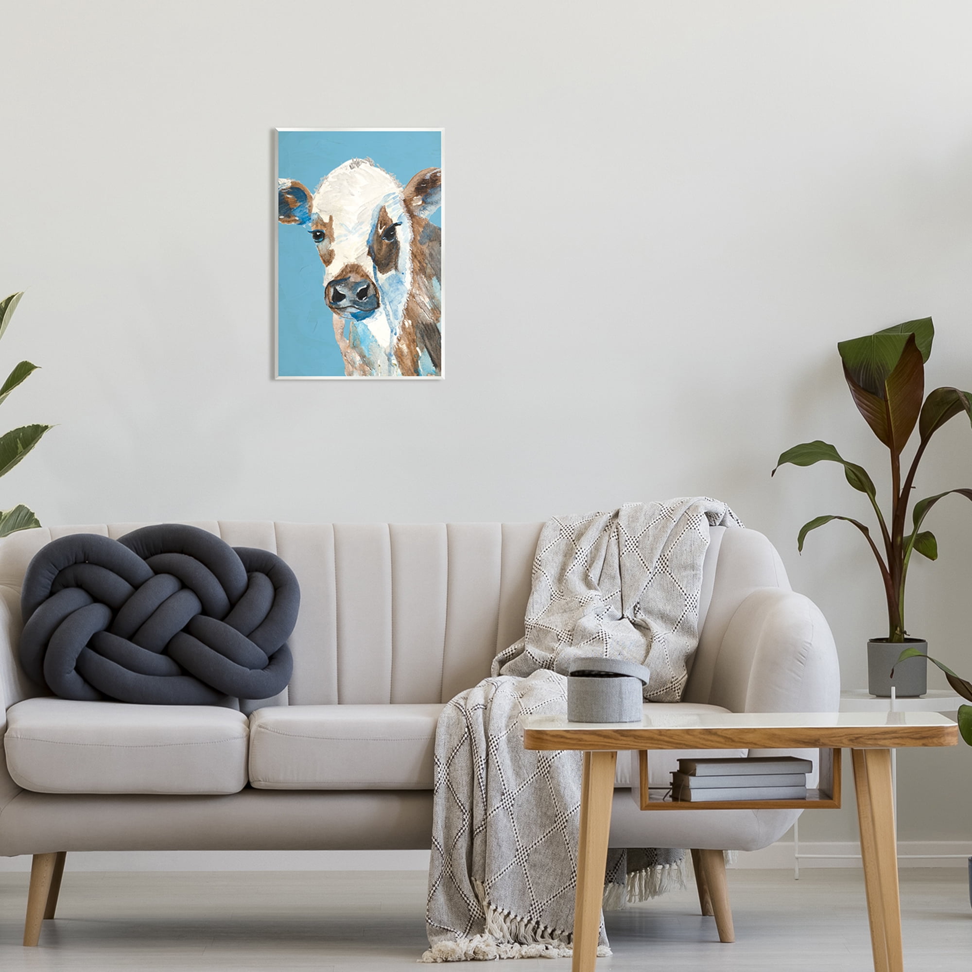 Stupell Industries Cow with Blue Background Animals & Insects Painting Unframed Art Print Wall Art, 13 x 19