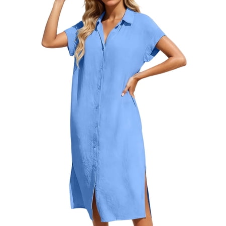 DGMIOCS Women s Loose Fit Short Sleeve Shirt Dress with Lapel Collar for Everyday Wear Comfort Fabric Solid Color Tunic Dress Sky Blue XXL