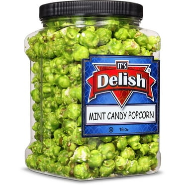Green Mint Candy Popcorn by Its Delish, 16 Oz Jumbo Reusable Container, Festive Air Popped Sweet Crunchy Caramelized Popcorn - Refreshing Snack for Desserts, Parties, Candy Buffet  Vegan, Kosher