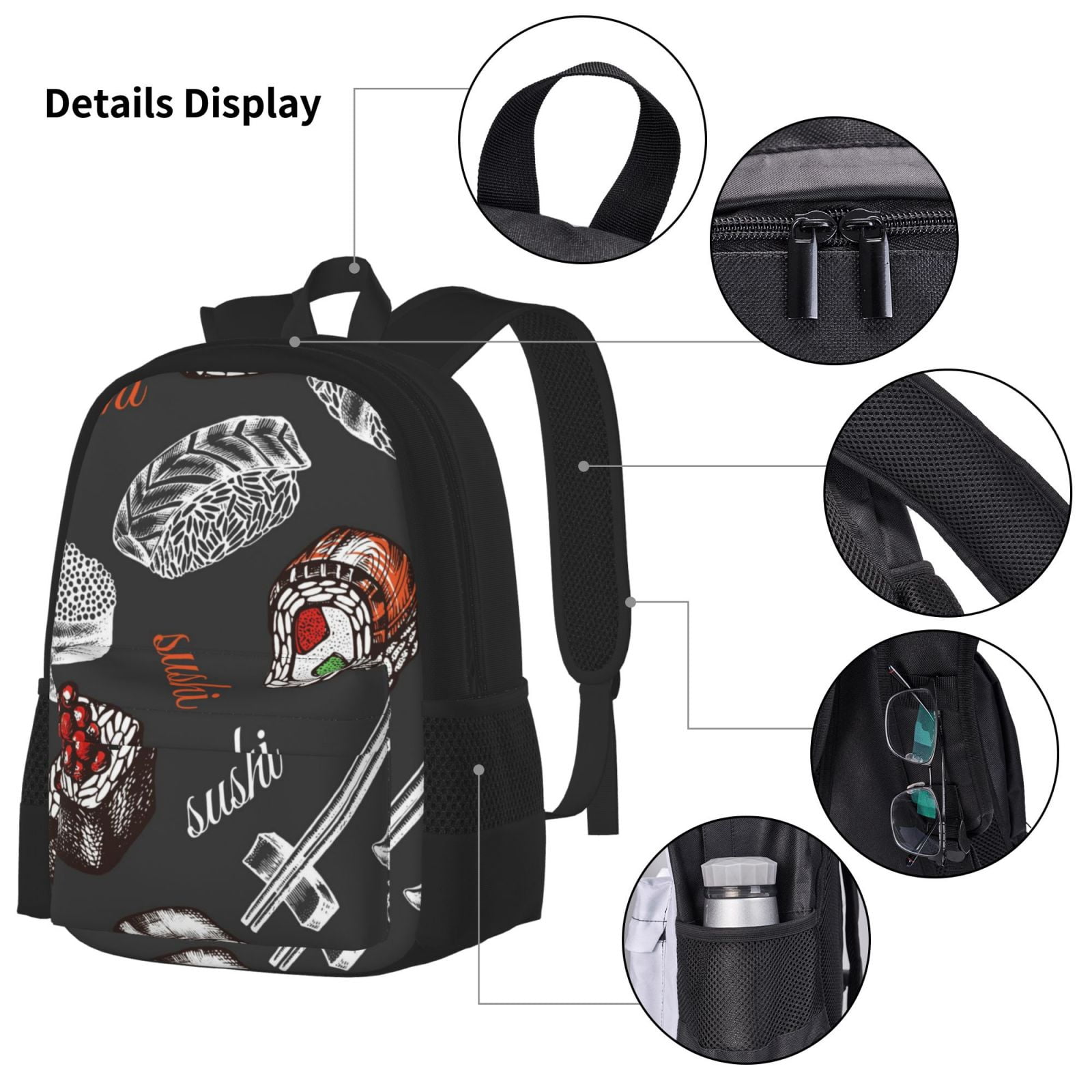 Naloa Japanese Sushi Hashi Print Large Capacity Backpack Lunch Bag Pencil Case Combination 3 Piece Set for Student