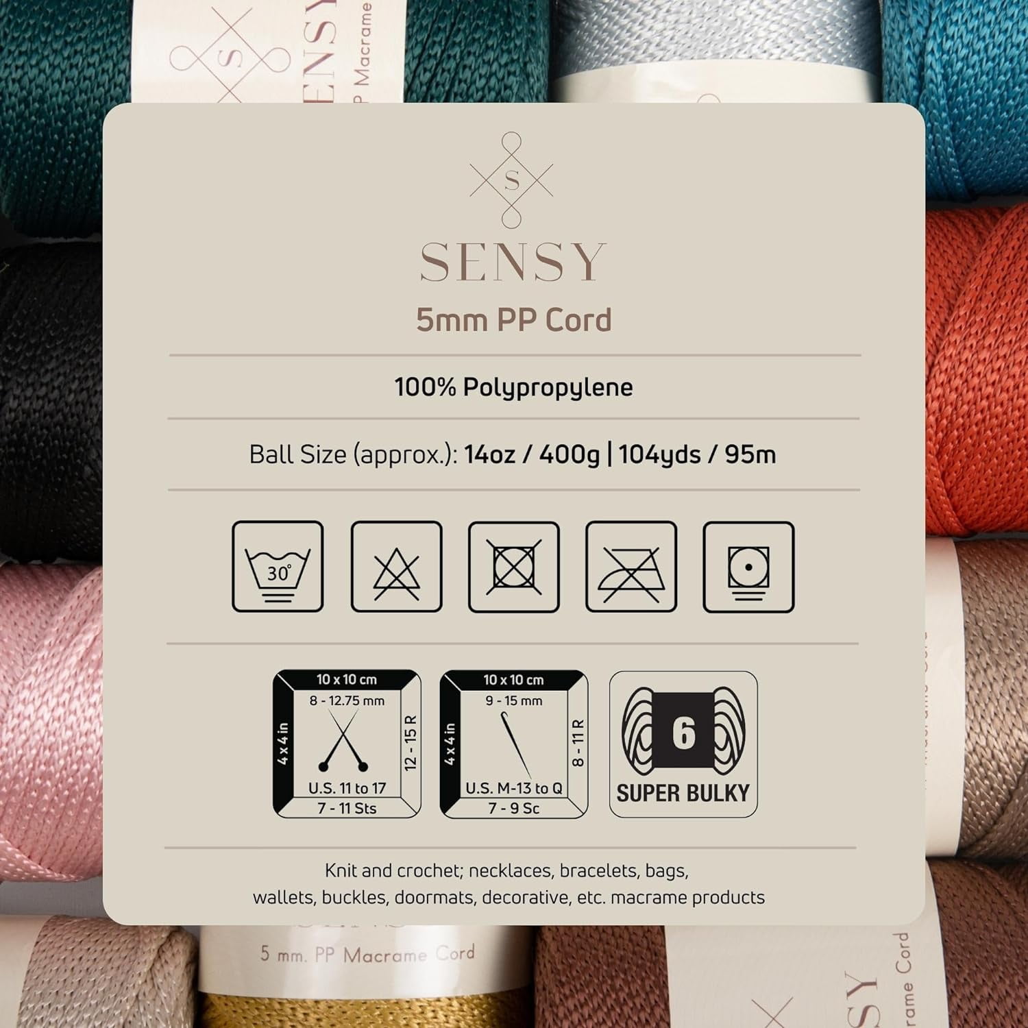 Sensy Premium 5mm 104 Yards Polyester Rope 100% Polypropylene Cord Macrame Cord 5mm Crochet Bag Cord Macrame Rope Crochet Thread Gift for Knitter (Copper)