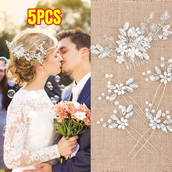 5 Pcs Bridal Flower Wedding Hair Pins Crystal Pearl Hair Clips Headpiece Wedding with Rhinestone for Brides Bridesmaids Women
