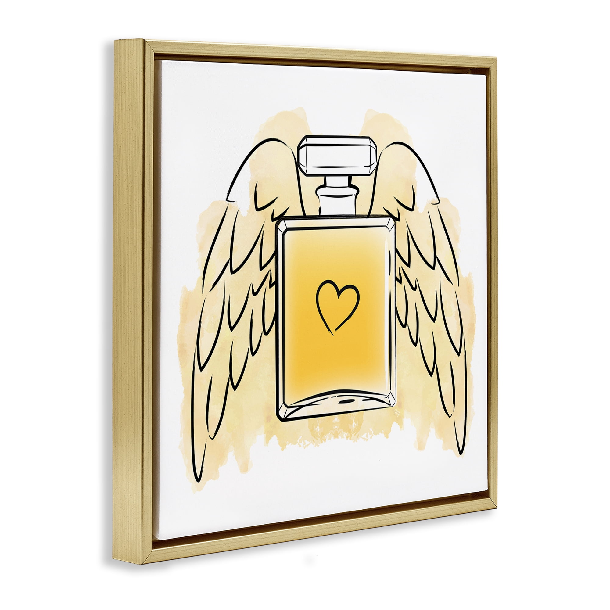 Stupell Industries Perfume with Angel Wings Fashion Painting Gold Floater Framed Canvas Art Print Wall Art, 25 x 25