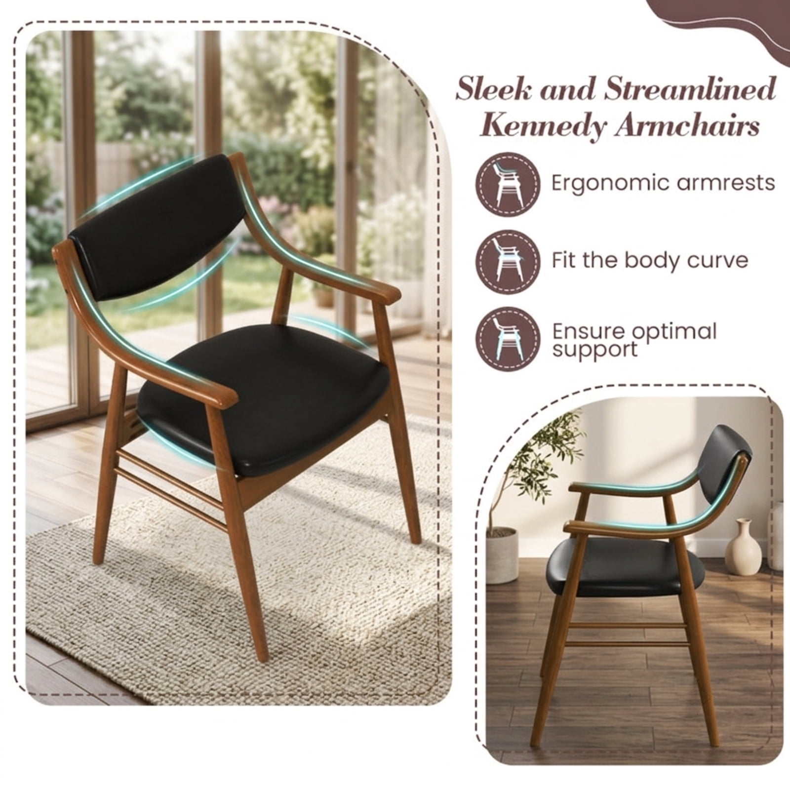Furnibear Wooden Dining Chair Set of 2 with Padded Seat and Back for Kitchen Dining Room Living Room Home, Black