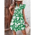 thumbnail image 5 of Green Floral Print Notched Neck Ruffle Trim Smock Dress, 5 of 8