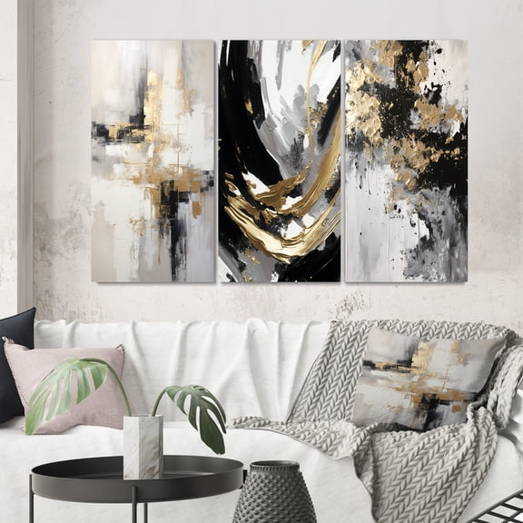 Designart "Essential Bliss Minimalist Gold Abstract Painting" Abstract Painting Wall Art Set Of 3 - Modern Gold Canvas Set For Living Room Decor