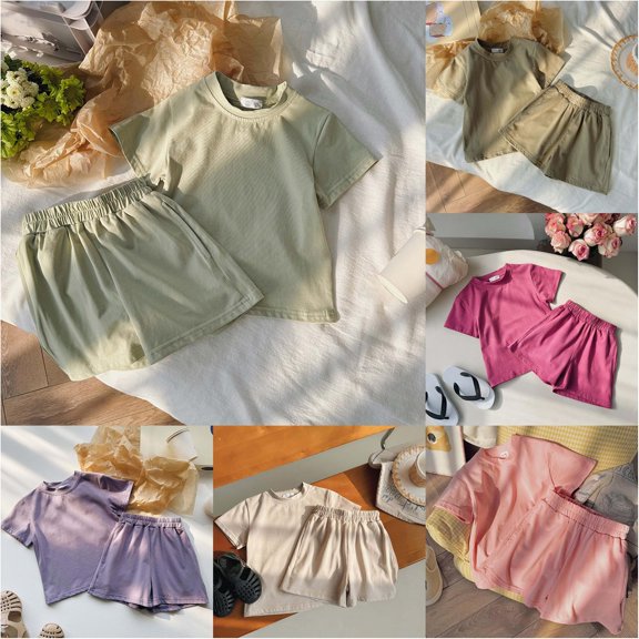 Trendfront Girls Solid Color Outfit Set Crew Neck Short Sleeve Top Summer 2 Piece Matching Shorts Collection Kids Ages 2-10Y Casual Daily Wear Clothes Set