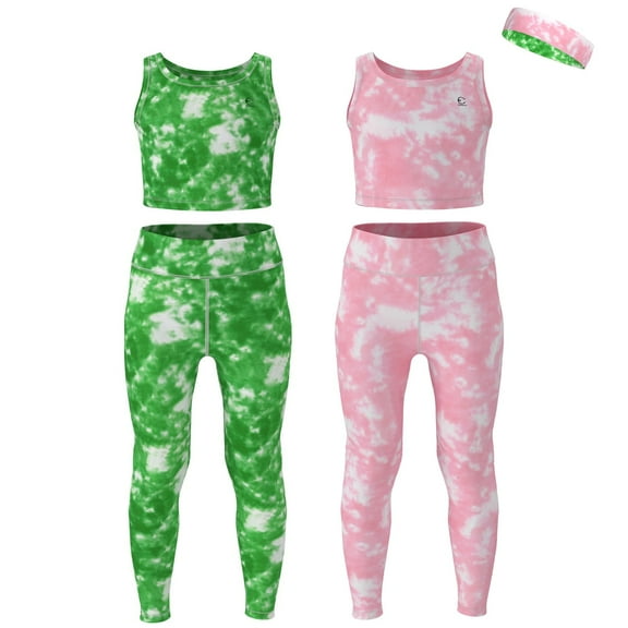 Essenclo Girls Athletic Set, Crop Top and Leggings, Size 3-16, 5 Pc Set - Pink Green