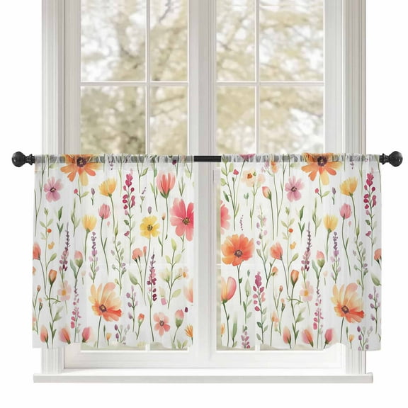 Watercolor Poppy Sheer Curtains 45 inches Long, Flower Eucalyptus Leaf Farmhouse Light Filtering Sheer Window Curtains Rod Pocket Voile Drapes for Bedroom Living Room, 52"W x 45"L 2 Panels