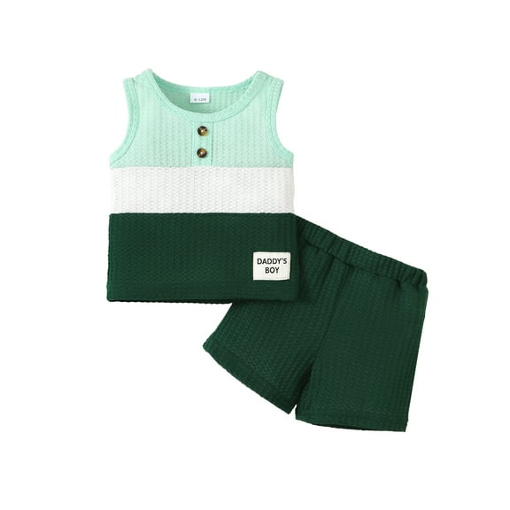 Kucnuzki 18 Months Infant Baby Boys Outfits 24 Months Baby Boys Summer Clothes Sets Sleeveless Color Block Tank Top Solid Color Shorts Sets 2pcs Green 18-24 Months