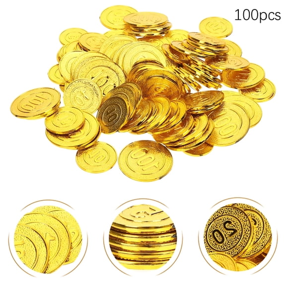 BESTSKY 100Pcs Plastic Pirate Coins, Fake Gold Treasure Hunt Props for Kids Birthday Party Favors, Carnival Game Supplies, Classroom Rewards, and Themed Decorations