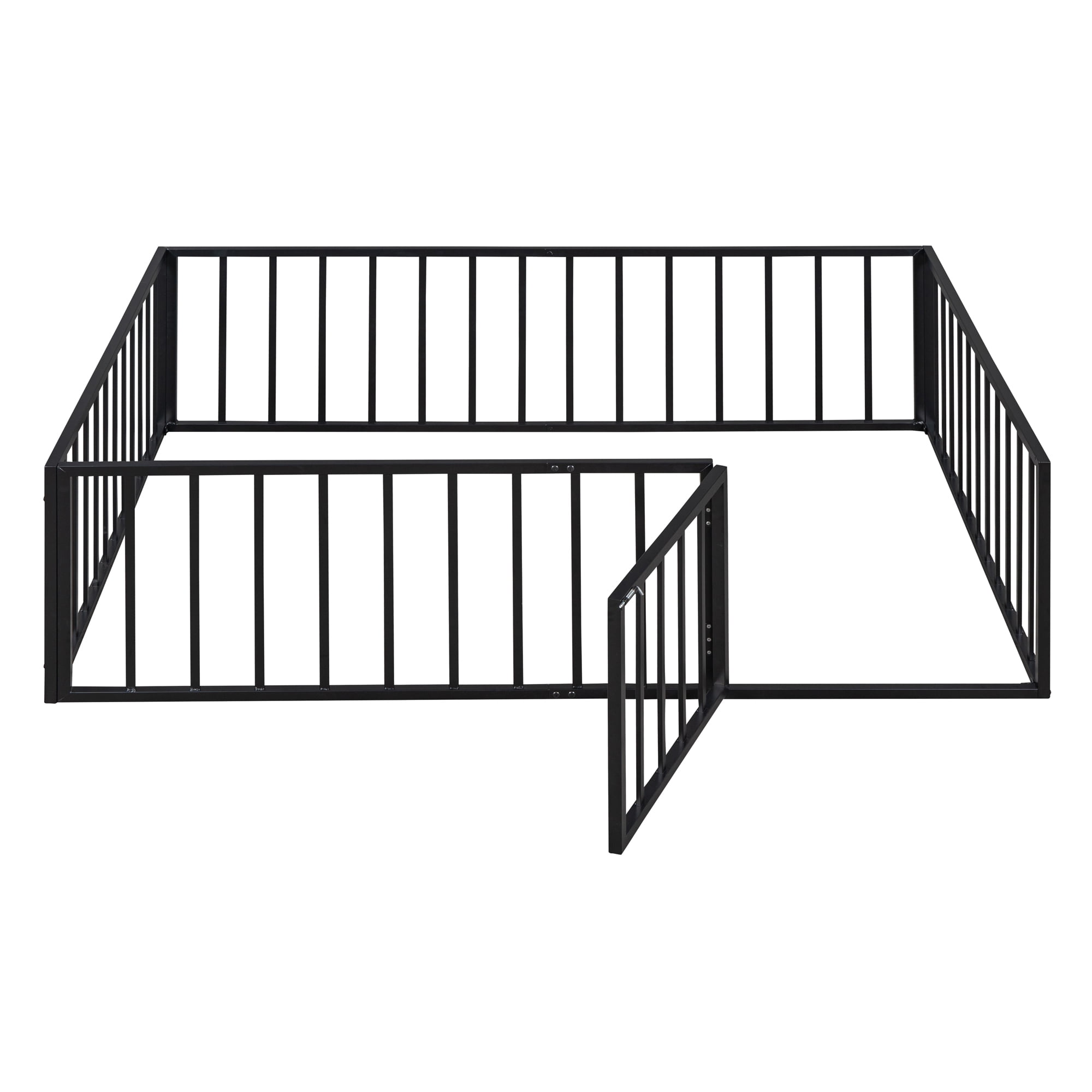 Aukfa Full Size Metal Bed Frame with with Fence and Door, Floor Bed for Kids Toddler, Black