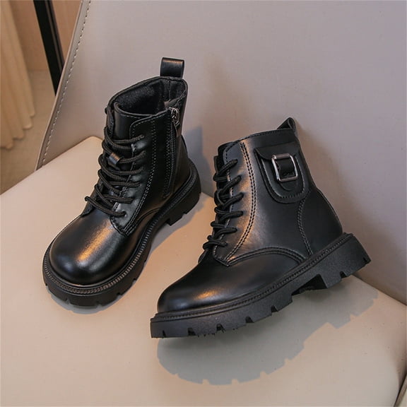 Girls Bow Embellished Fall Winter Zipper Short Boots, Soft Flat Sole Leather Material Easy On Off Daily Casual School Ankle Boots Black 2 Big Kids