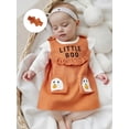 thumbnail image 4 of Loicainy Infant Baby Girl Halloween Clothes Set 3 6 12 18 Months Solid Long Sleeve Romper Ghost Embroidery Overall Dress Headband 3 Pcs Outfits, 4 of 9