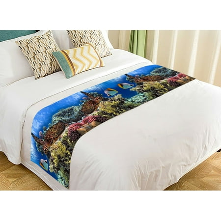 Bed Scarves GCKG Ocean Animal Bed Runner, Underwater World Sea Turtle Fish Love Bed Runners Scarves Bed Decoration 20x95 inch ()