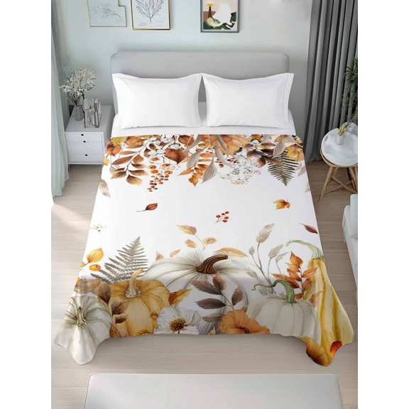 Queen Flat Sheet Only Fall Pumpkin Flower Leaf Soft Microfiber Cooling Bedding Sheets Watercolor Thanksgiving Botanical Flat Bed Sheet for Hotel,Home Decor