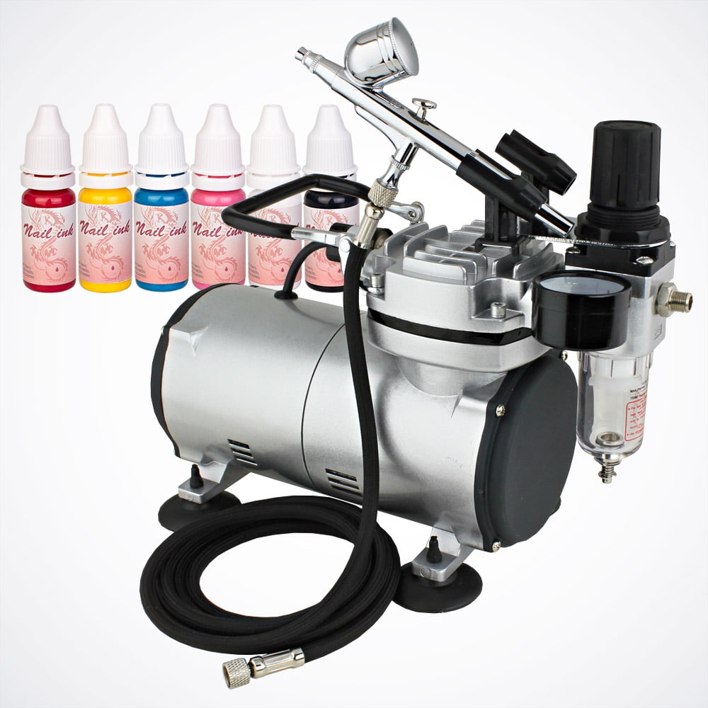 Complete Pro DualAction Airbrush Kit with Air Compressor 6 Nail Color