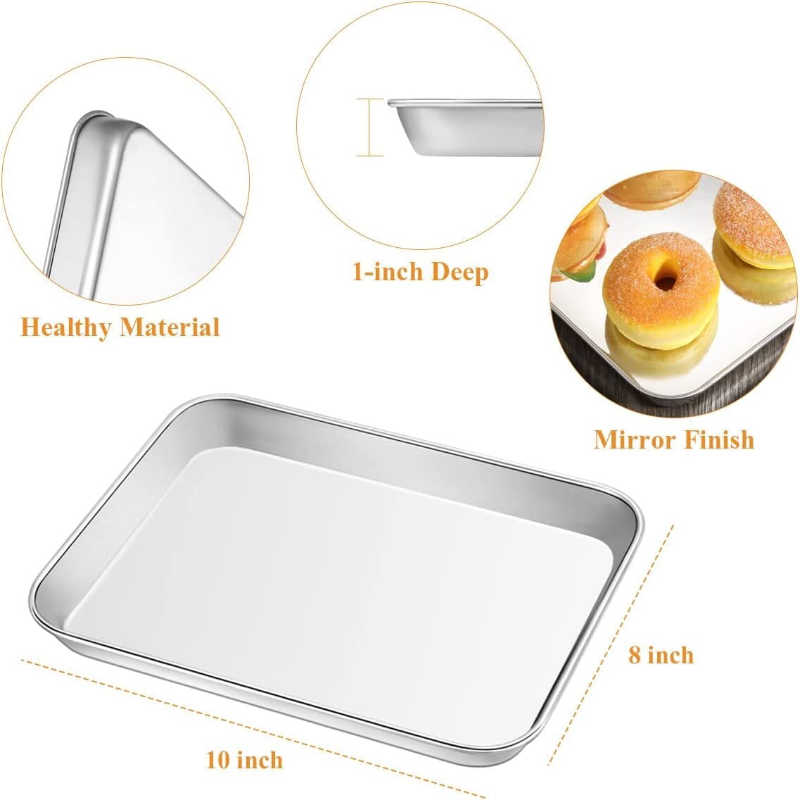 Baking Sheet Stainless Steel Baking Tray Cookie Sheet Oven Pan Rectangle Size 10 x 8 x 1 inch, Non Toxic & Healthy, Rust Free & Less Stick, Thick & Sturdy, Easy Clean & Dishwasher Safe