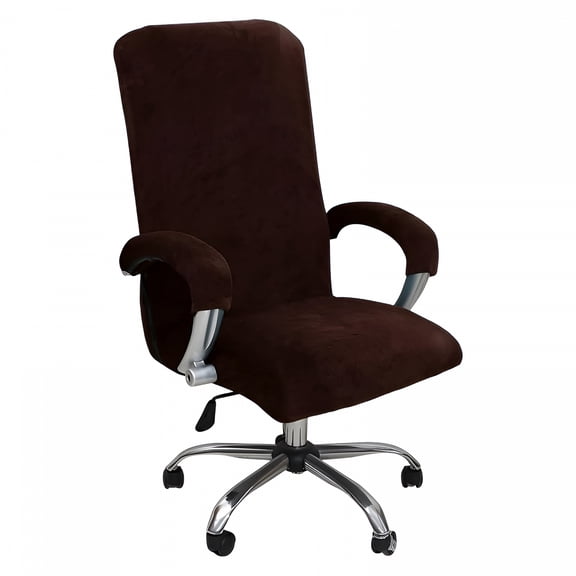 AUQ Velvet Plush Stretch Computer Office Chair Cover with Armrest,Solid Color Spandex Slipcover Protective,Removable Stretchable Universal Desk Chair Covers,Rotating Chair,Coffee-XL