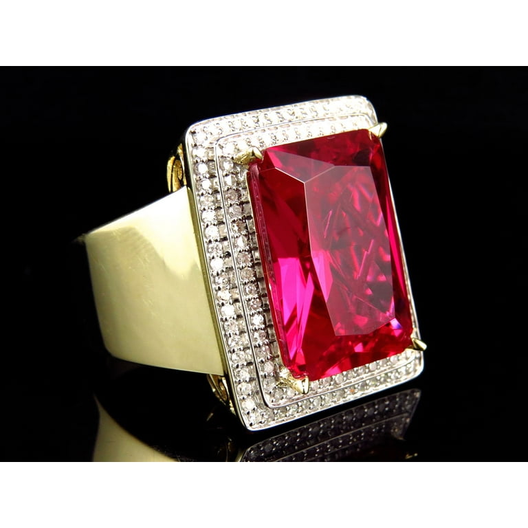 Yellow Gold Finish Mens Genuine Diamond Bezel Gemstone Ruby Pinky Ring 1.0 Ct