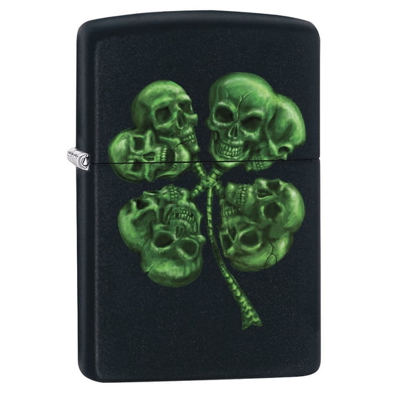 Zippo Lighter: Four Leaf Clover Skulls - Black Matte 79164