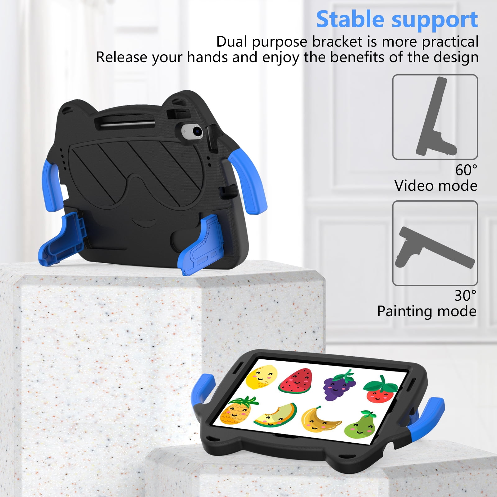 Dteck Cute Kids Case for iPad 10th Generation 10.9 Inch 2022 / iPad Air 5 / iPad Air 4 Silicone Child Proof Boys Girls Case with Built-in Pencil Holder Kickstand Handle Grip for 10.9 Inch iPad,Black