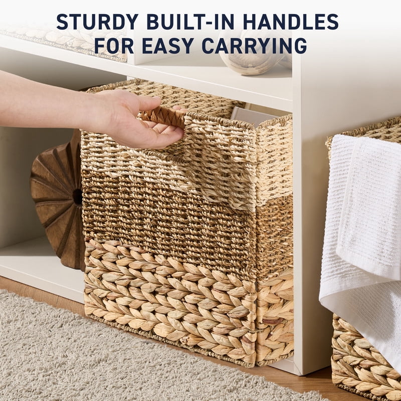 Ornavo Home 13" x 13" Inch Water Hyacinth Storage Basket Set of 6 with Handles | Natural Handwoven Mixed Weave Wicker Organizer Bins for Shelves, Closet, Living Room, Bathroom, Pantry and Laundry