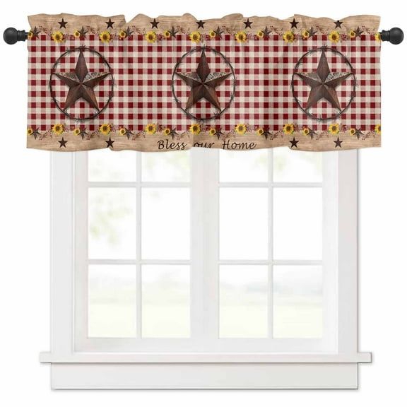 Texas Star Sunflower Valances for Windows Farmhouse Kitchen Curtains Valances Rod Pocket Valance Curtains for Kitchen Windows Farmhouse Country Plaid Brown Window Valances for Bathroom 42"x18"