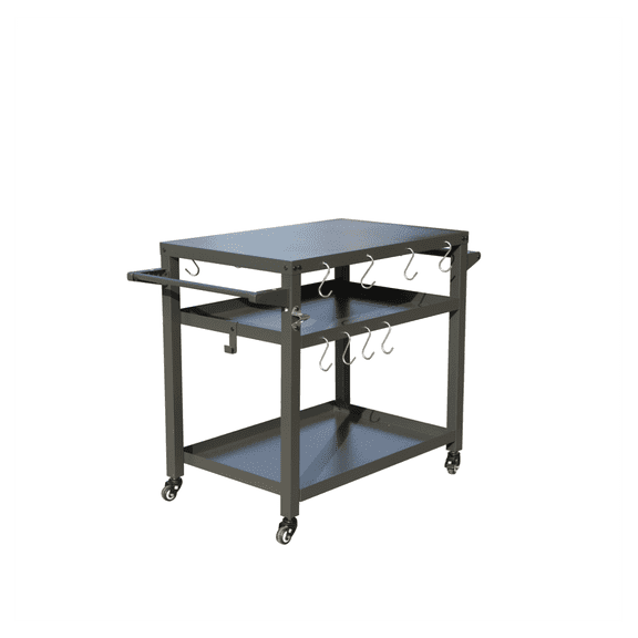 Outdoor Grill Table with Wheels - 3-Shelf Prep Cart for Blackstone Griddle, Pizza Oven, BBQ - Propane Tank Holder & Tool Hooks
