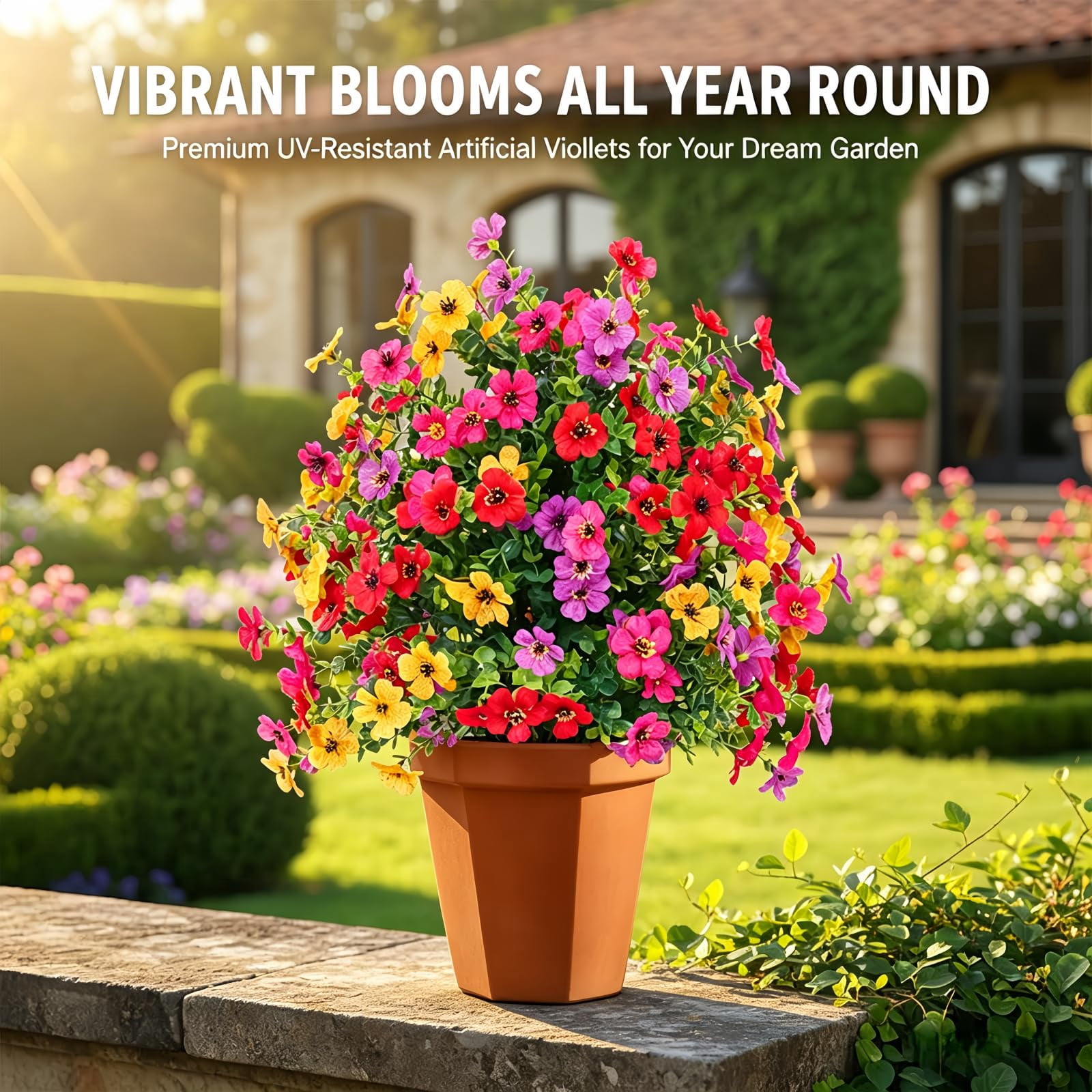 UV Resistant Artificial Outdoor Flowers 22 inch lifelike petunia design fade resistant material with stakes for garden yard porch spring summer decor