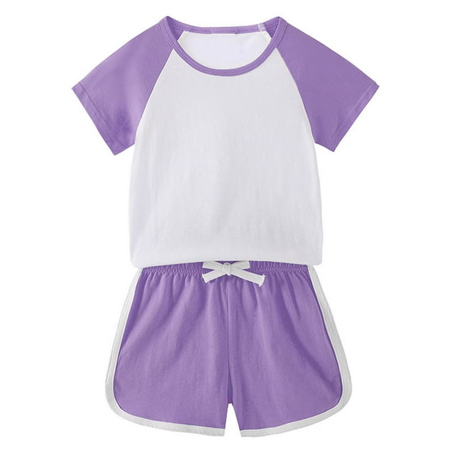 MKOSPLRT Workout Sets for Kid 12M-11Y Color Block Running Outfits Short Sleeve Raglan Shirts Drawstring Waist Track Shorts Sports Outfits