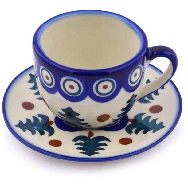 Polish Pottery 2 oz Espresso Cup with Saucer (Autumn Evergreen Theme