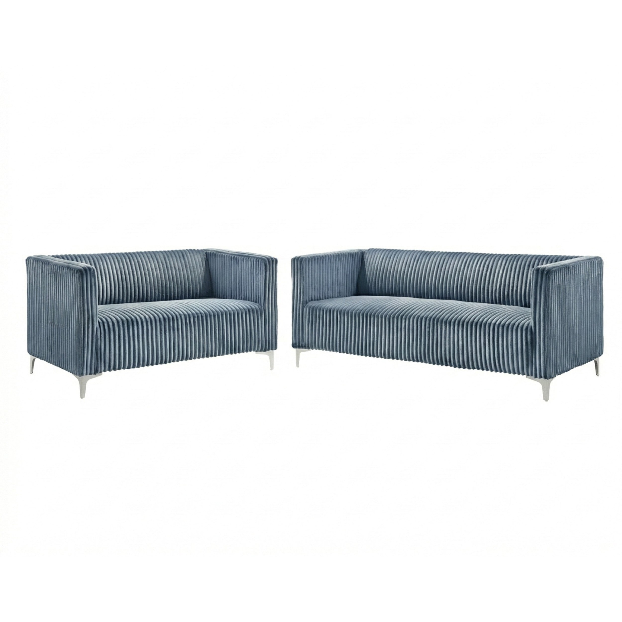 Home Design Gavin 2-Piece Velvet Living Room Set with Loveseat and Sofa, Square Arm Design, Channel Tufted Upholstery, Blue