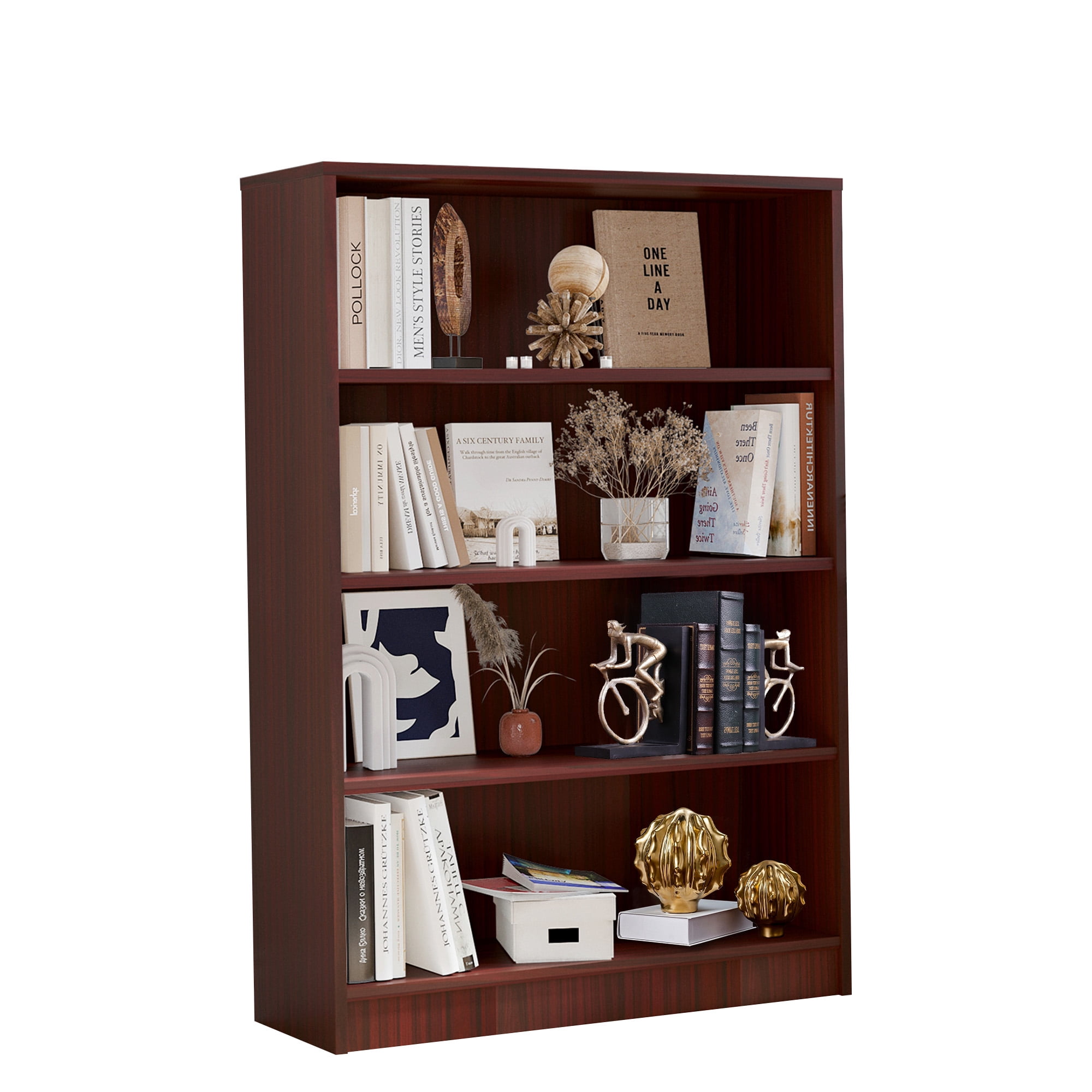 MAYEERTY Mahogany 4-Shelf Modern Wood Bookcase, 48" Tall, for Bedroom, Living Room, and Manga Library