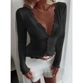 thumbnail image 6 of Womens Cardigan Sweaters Lace Ruffle Trim V Neck Long Sleeve Button Front Ribbed Knit Cute Fitted Crop Tops Black XXL, 6 of 9