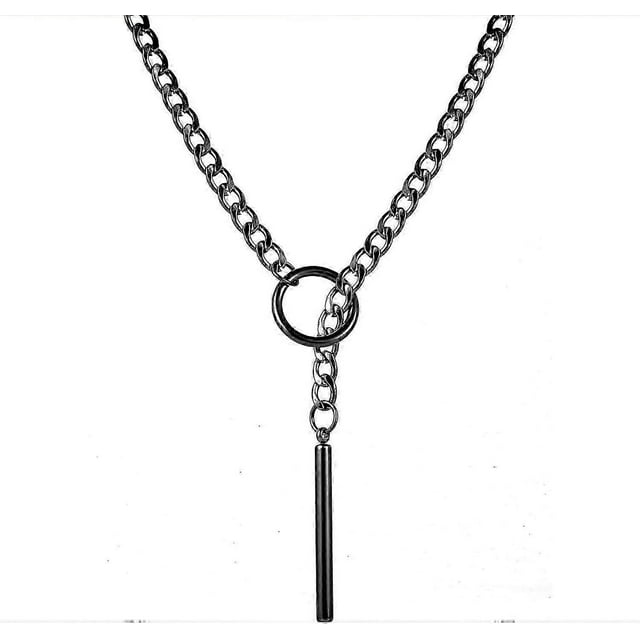 Slip Chain Necklace for Women Men Gothic Stainless Steel Cuban Link Long Necklace with Bar Pendant Punk Rock Collar Choker Adjustable Lariat Y Necklac