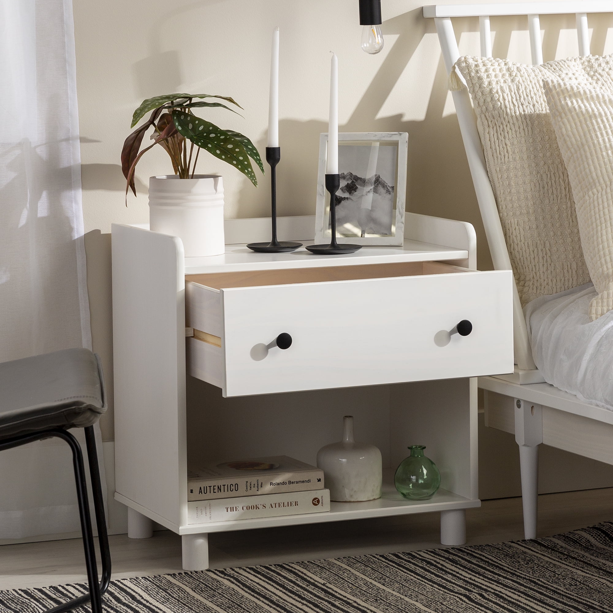 Manor Park Mid Century Modern Tray Top Nightstand, White