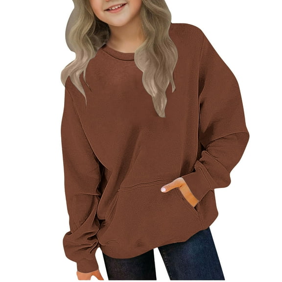 RYRJJ Kid Girls Boys Oversized Sweatshirt Crew Neck Plain Long Sleeve Casual Loose Pullover Cute Tops with Pocket