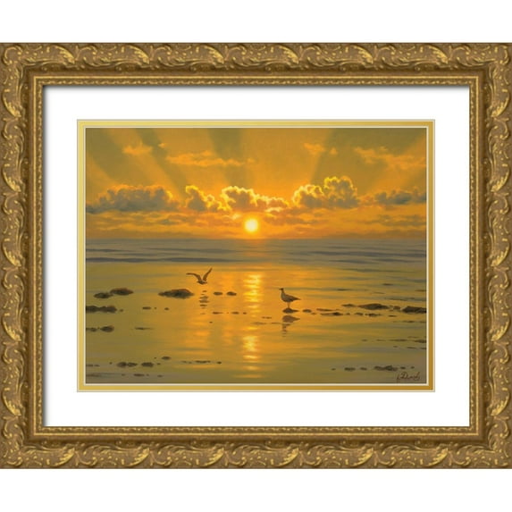Adamov, Alexey 24x19 Gold Ornate Wood Framed with Double Matting Museum Art Print Titled - Sunset over the Sea with Seagulls III