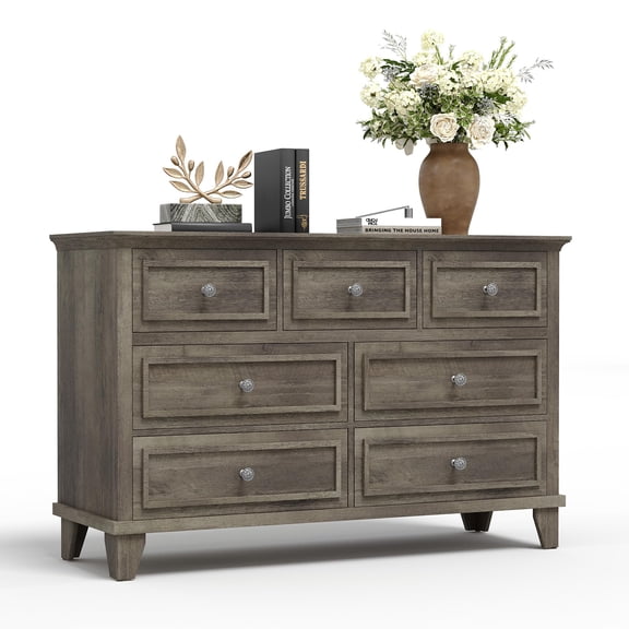 7 Drawer Dresser for Bedroom, Modern Double Dresser with Framed Drawer Fronts, Wood Chest of Drawers with Metal Rails, Large Storage Organizer for Living Room, Hallway