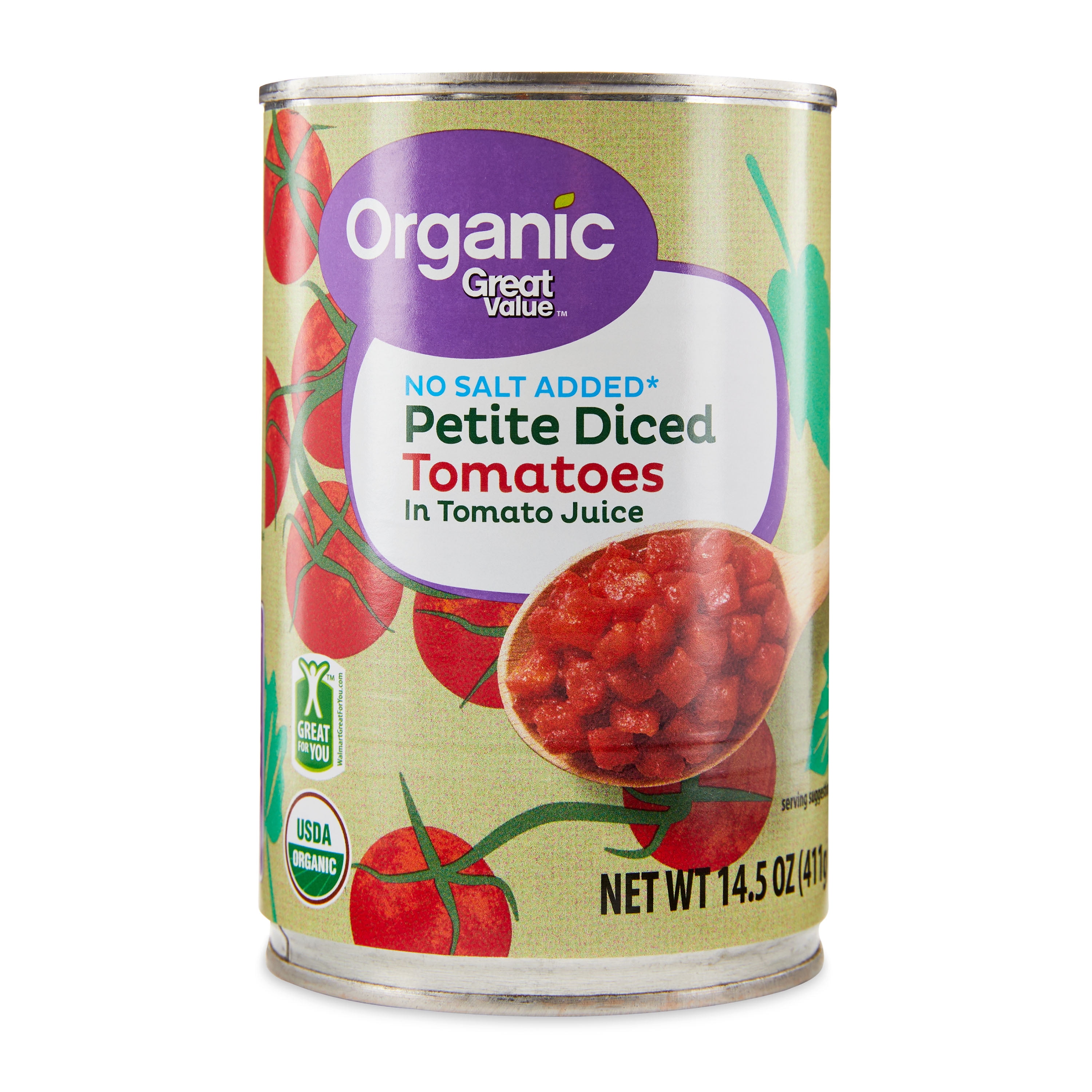 Great Value Organic No Salt Added Petite Diced Tomatoes, 14.5 oz