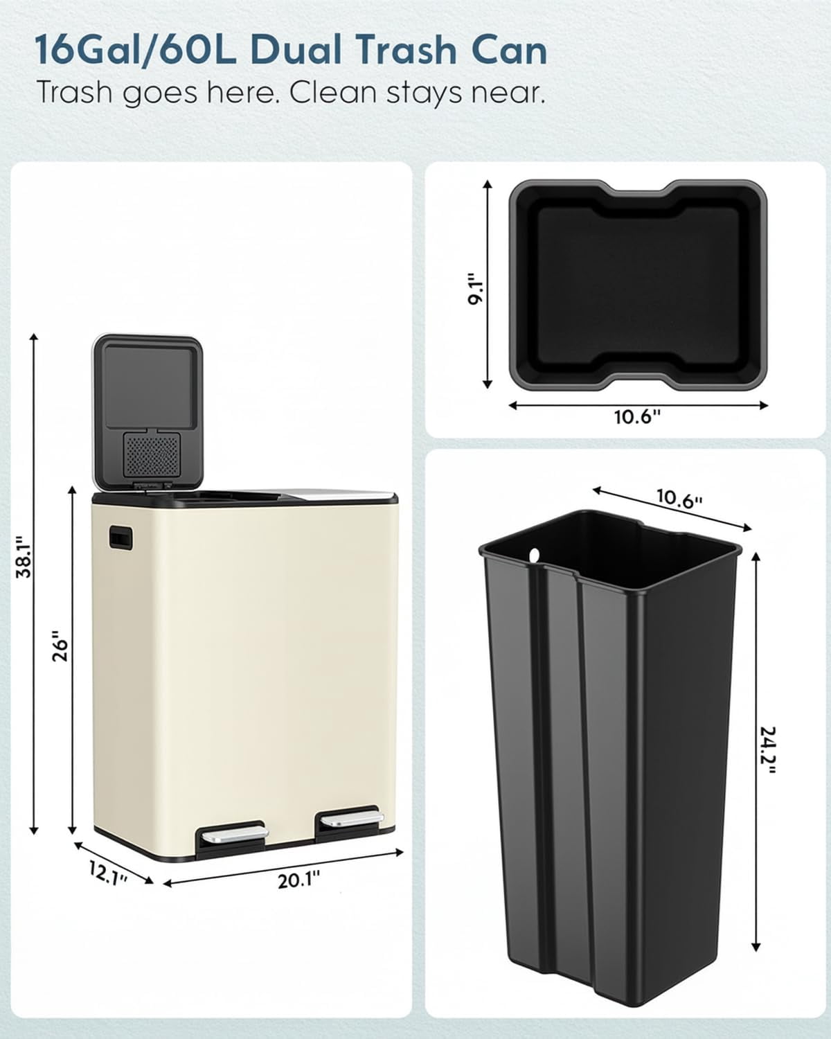 Arlopu 16 Gal Dual Kitchen Trash Can, Stainless Steel Garbage Bin with Soft Close Lid, 2 Built-in Box, Odor Control