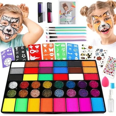 CandWuom Face Painting Kit for Kids –42 Colors Water Based Body Face Paint Kit Includes Hair Chalks Comb, Brushes, Stencils, Professional Face Paint Kit