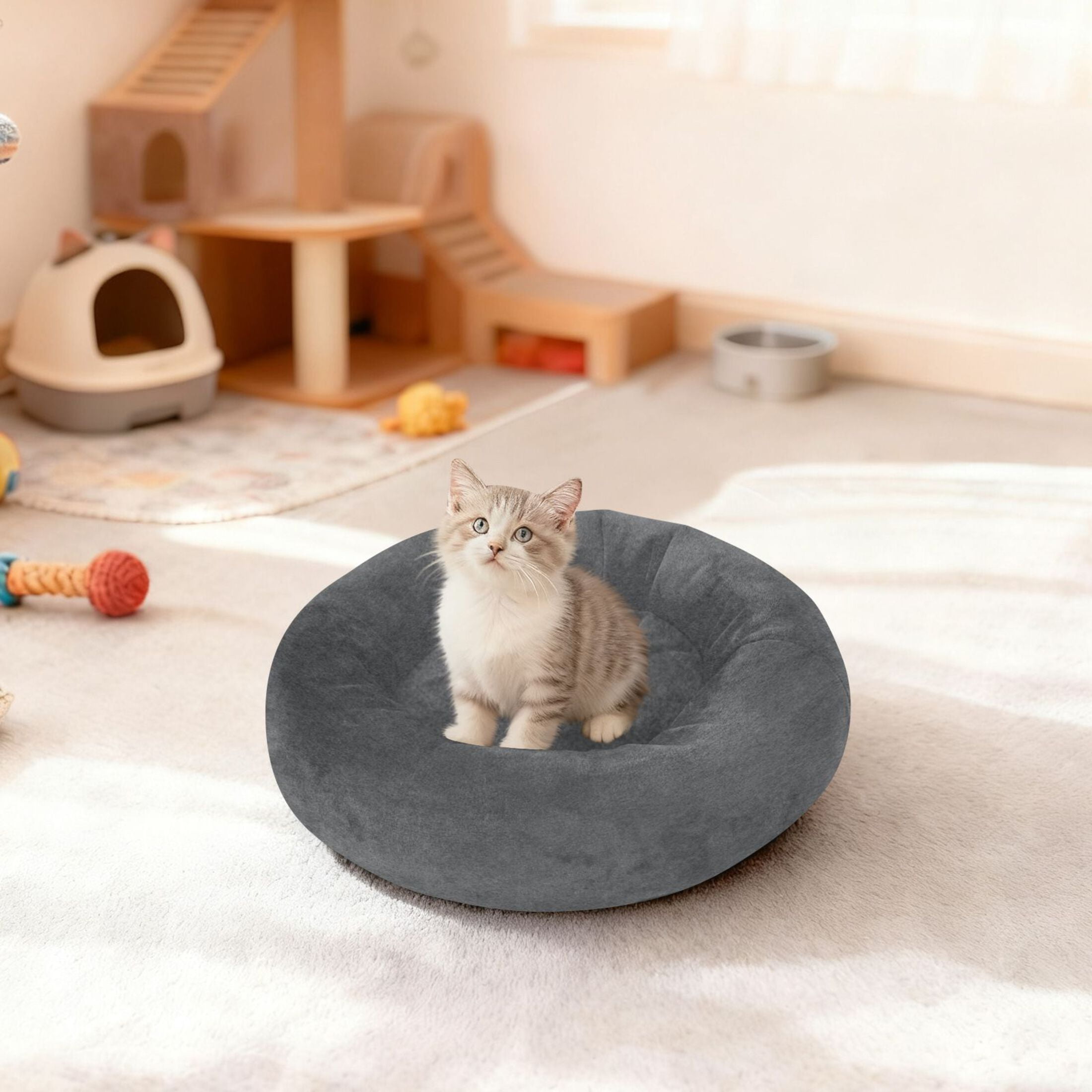 Iauyy Pet Couch Donut Cat Bed for Indoor Cats/Small Dogs Washable & Machine with Non-slip Bottom Calming Cat Furniture, There Are No Highlights (M)